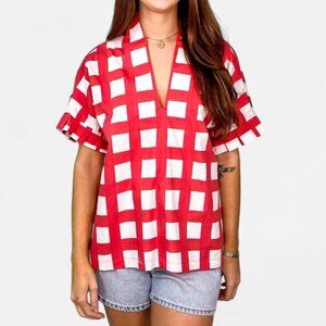 Brooke Wright Pleated Kimono Top in Red Check